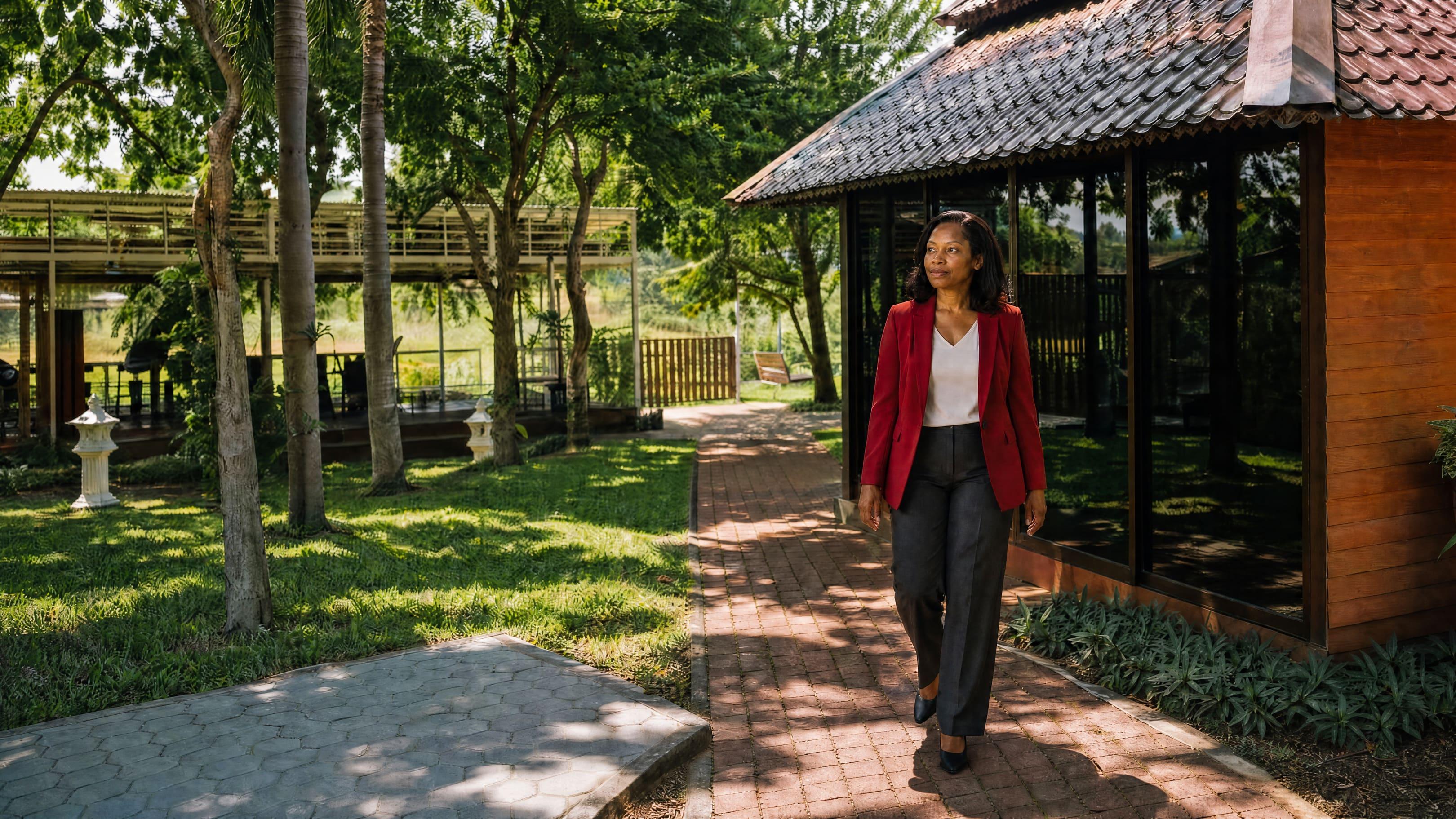 A woman walking a brick garden path past a timber pavilion at a Chiang Mai rehab