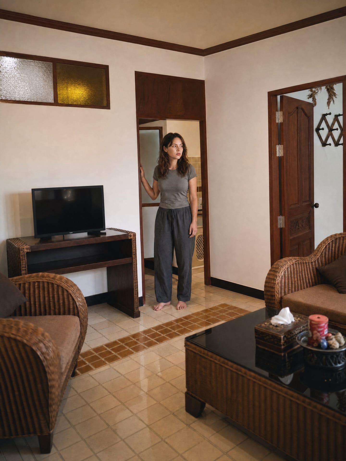 A woman in her thirties standing in the doorway of a private suite at a Chiang Mai rehab