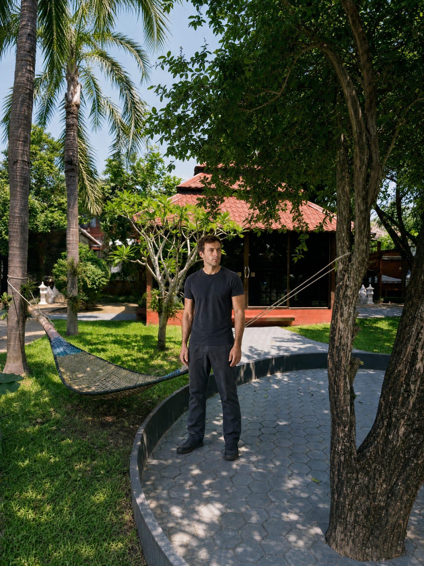 A man standing on a garden walkway during his first days at a rehab in Chiang Mai