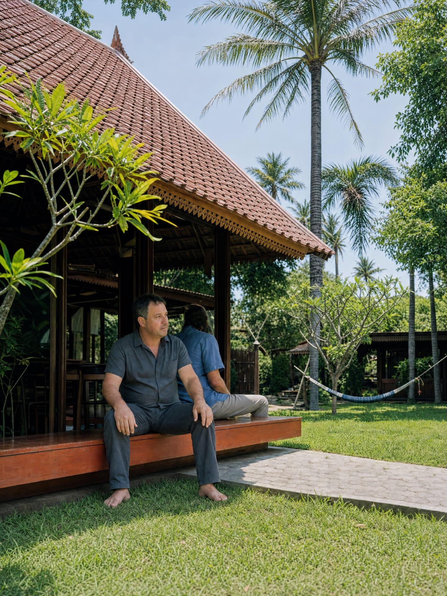 Two men talking on the step of a garden pavilion at a residential rehab in northern Thailand