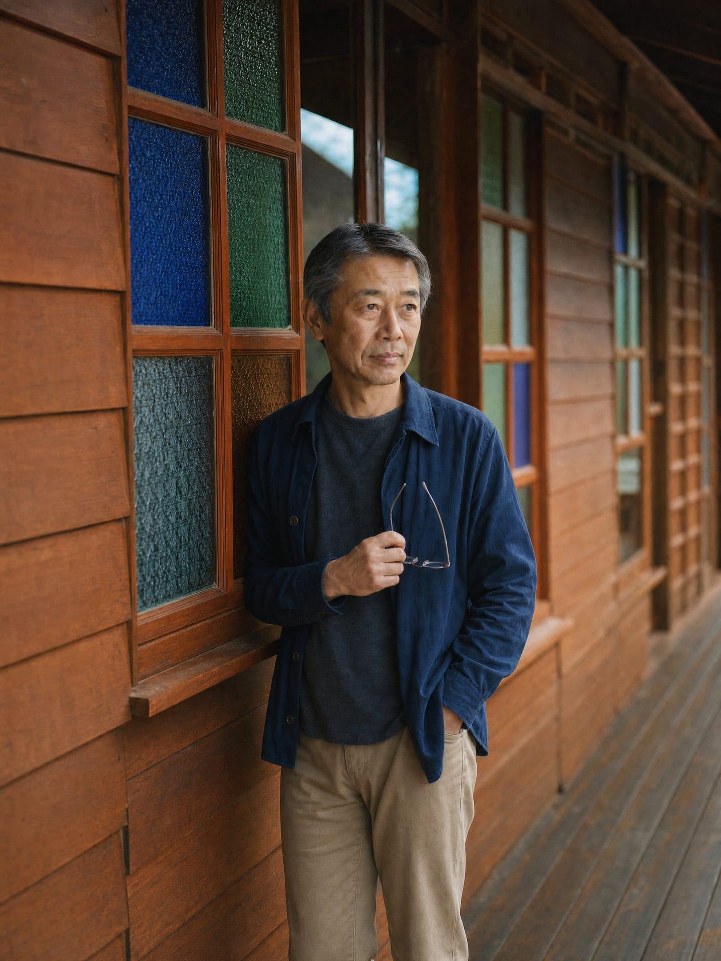 A man in his fifties standing beside a stained-glass window at a Chiang Mai rehab