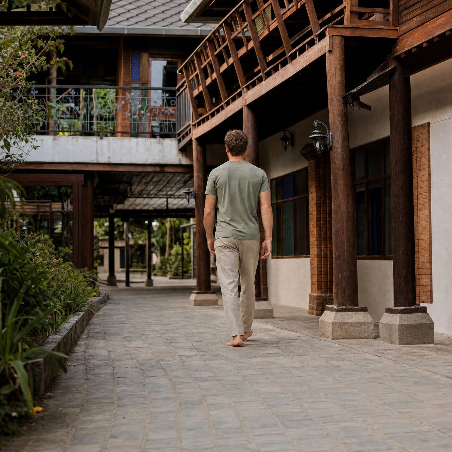 A man walking away down a covered timber walkway at a residential rehab in Chiang Mai