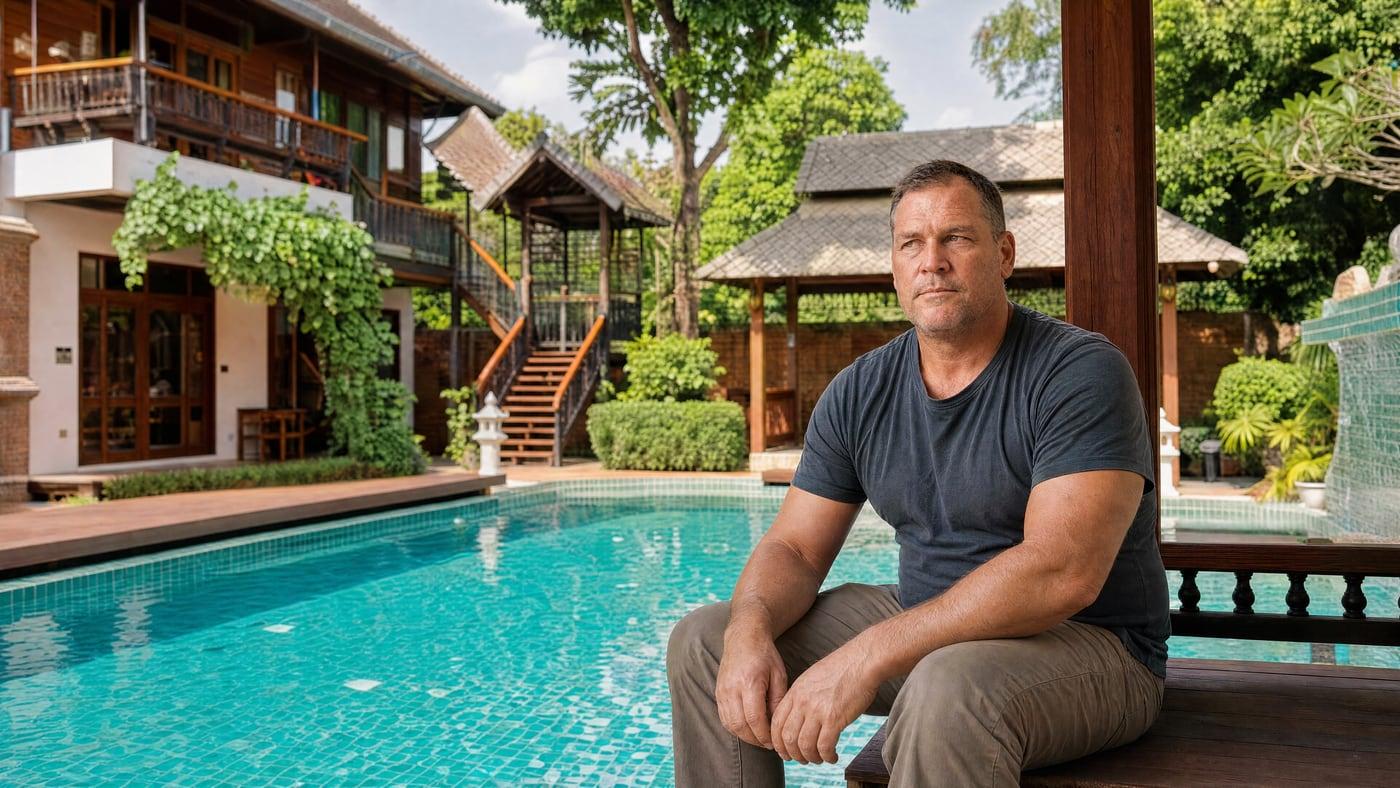 A man sitting calmly by the pool at Jintara Rehab in Chiang Mai