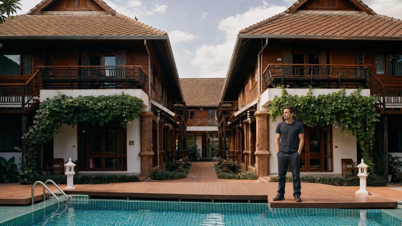 A man in early recovery standing in the Lanna timber courtyard at Jintara Rehab in Chiang Mai, Thailand