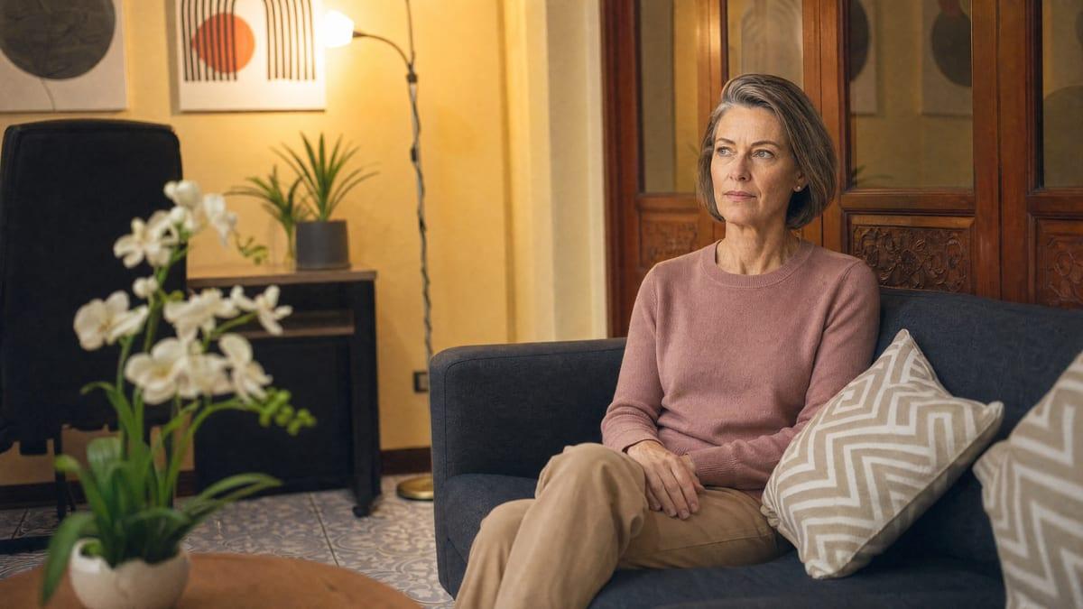 A woman in her fifties sitting quietly in a private lounge at Jintara Rehab Chiang Mai during MDMA treatment