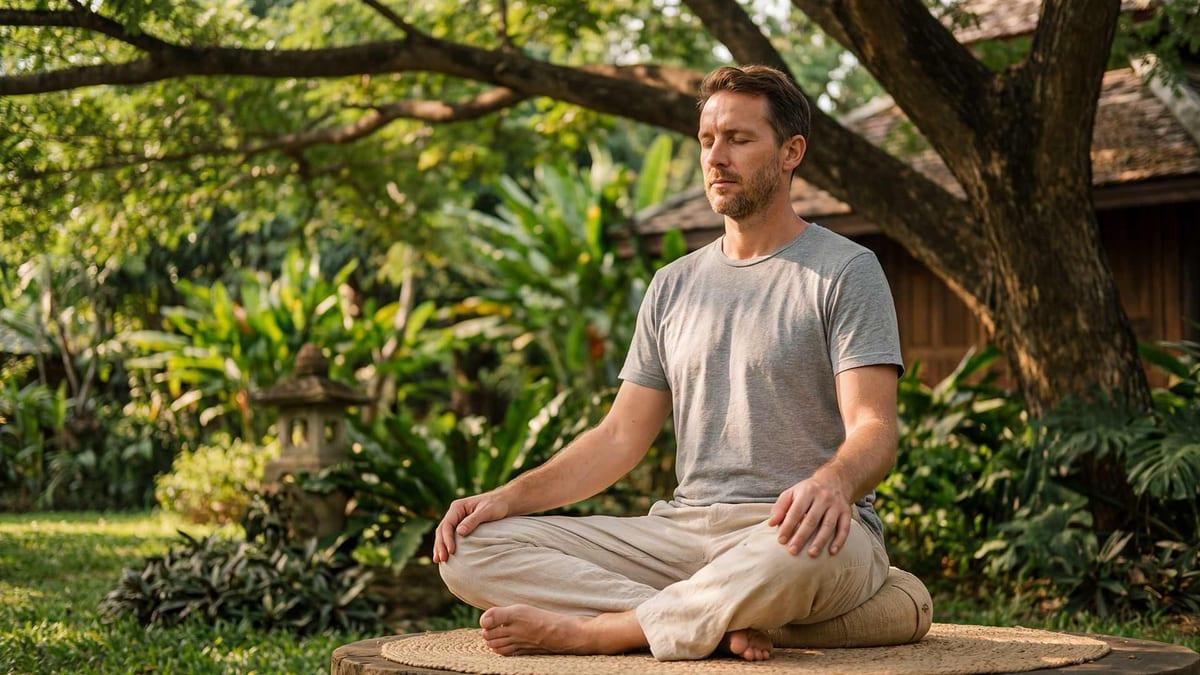 Person meditating in a tropical garden at Jintara Rehab Chiang Mai with a Lanna building behind