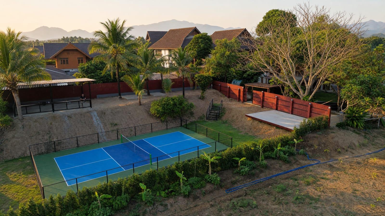 Aerial view of the private pool and tropical gardens at Jintara Rehab in Chiang Mai, Thailand