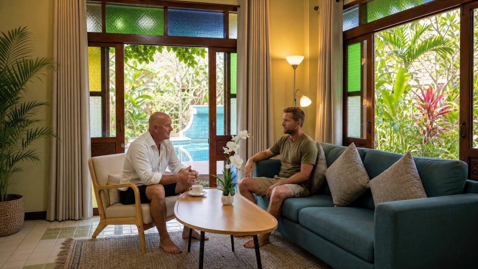 Therapeutic consultation in the residential lounge at Jintara Rehab Chiang Mai with colorful stained glass doors open to the tropical garden and pool