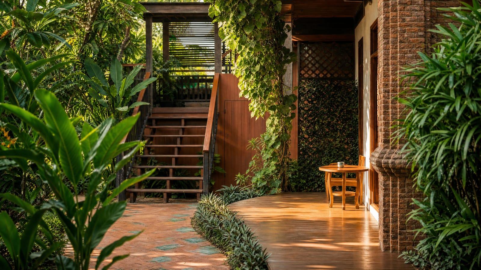 Sunlit tropical morning porch at Jintara Rehab in Chiang Mai Thailand representing calm recovery from dual meth and alcohol withdrawal