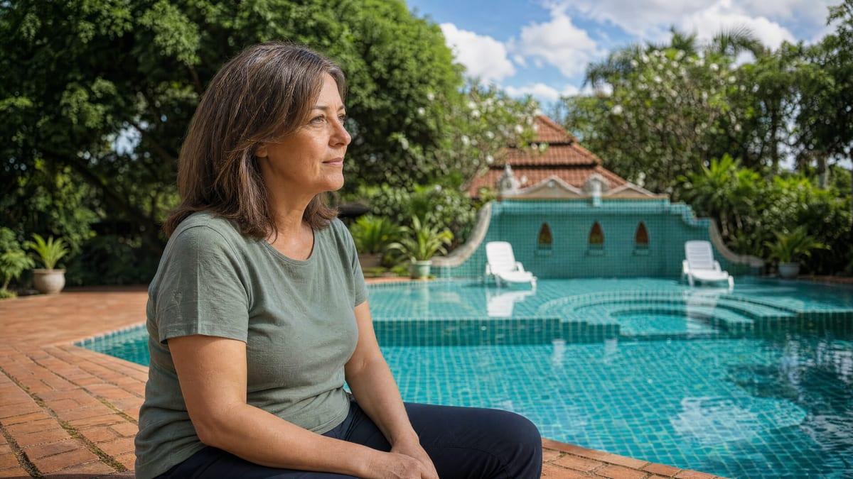Woman sitting on a brick pool deck looking across a tiled pool at a Chiang Mai rehab