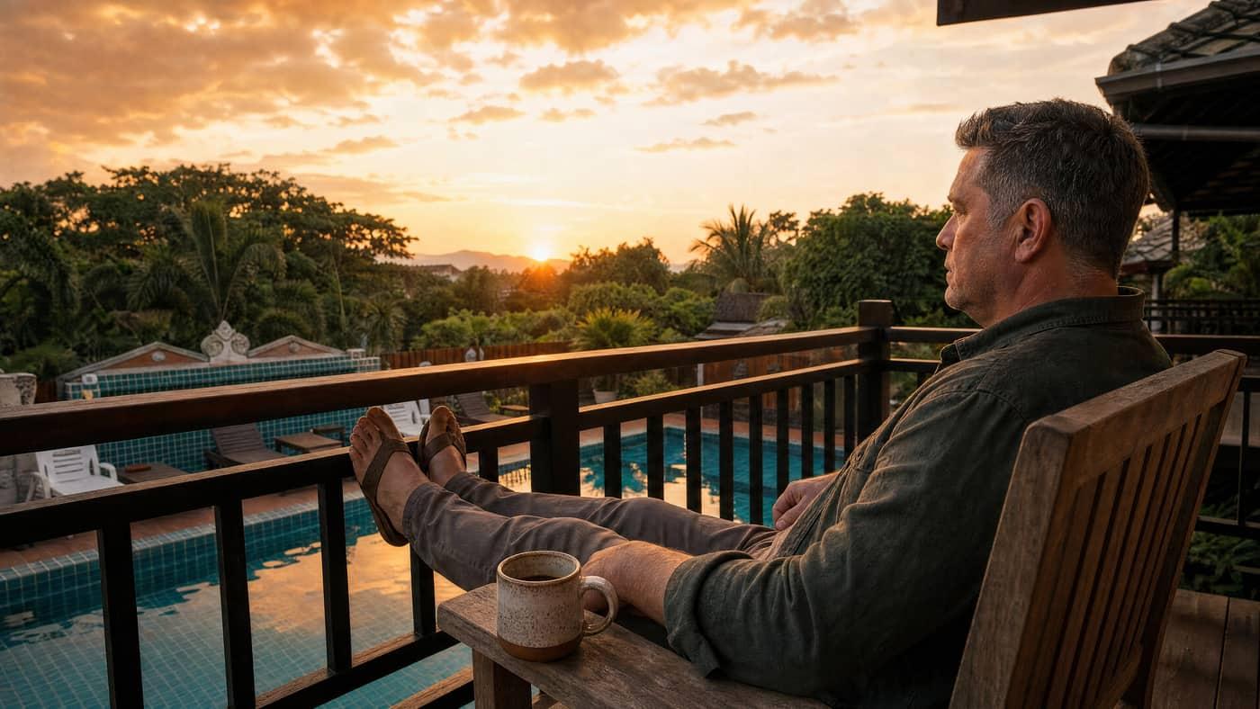 A man sits on a teak balcony at sunset overlooking the pool at Jintara Rehab opioid detox facility in Chiang Mai Thailand