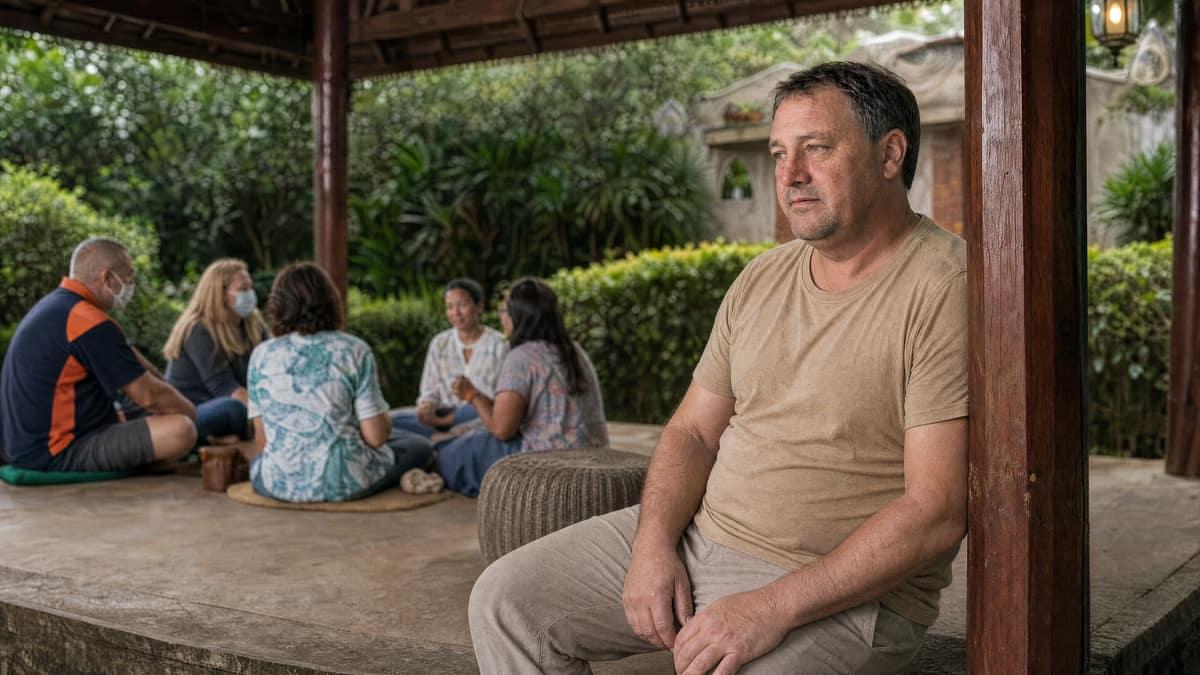A man sits apart from a group therapy session in a garden sala during early opioid withdrawal