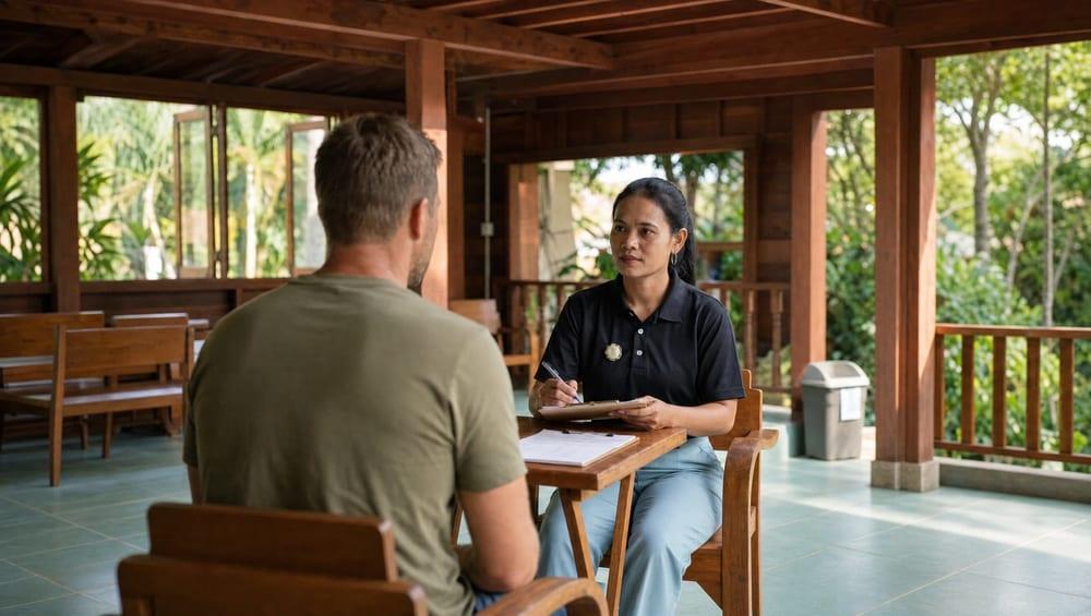 Jintara nurse conducting outdoor clinical assessment with male client at Thailand opioid detox facility