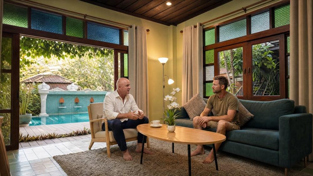 Darren Lockie and client in close conversation at Jintara lounge discussing the opioid taper plan Chiang Mai