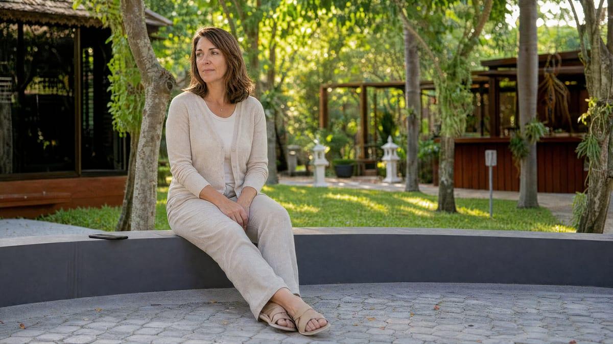 A woman sits on a garden wall with her phone face down at Jintara Rehab Chiang Mai, after arranging treatment for a relative