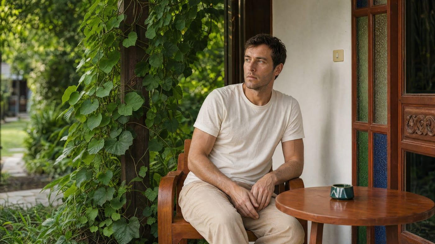 Man sitting quietly on a shaded veranda during post-acute withdrawal at Jintara Rehab Chiang Mai
