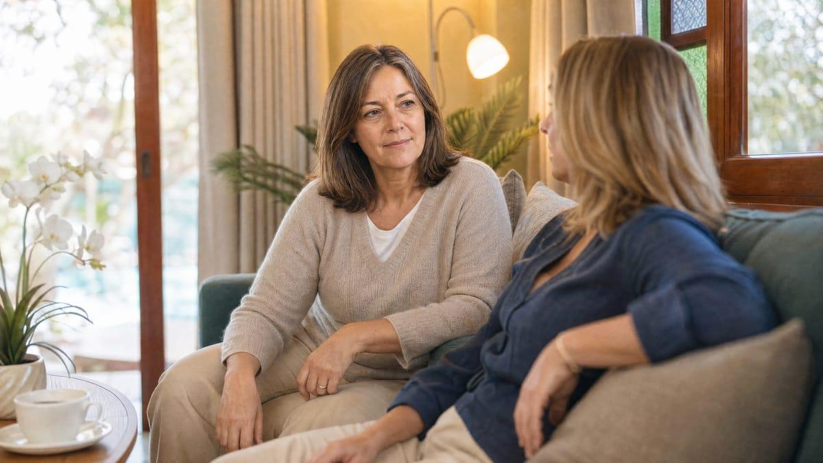 Two women talking on a lounge sofa during peer support at a Chiang Mai rehab