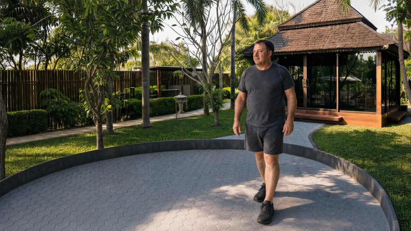 A man walks a paved garden path past a Lanna-style timber pavilion at Jintara Rehab in Chiang Mai, Thailand, during residential treatment for occupational PTSD