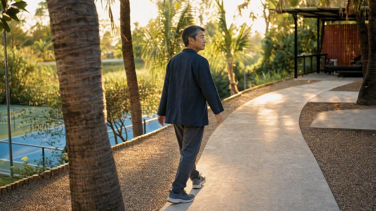 A man walks alone down a palm-lined path in the grounds at Jintara Rehab in Chiang Mai during residential treatment for work-related post-traumatic stress