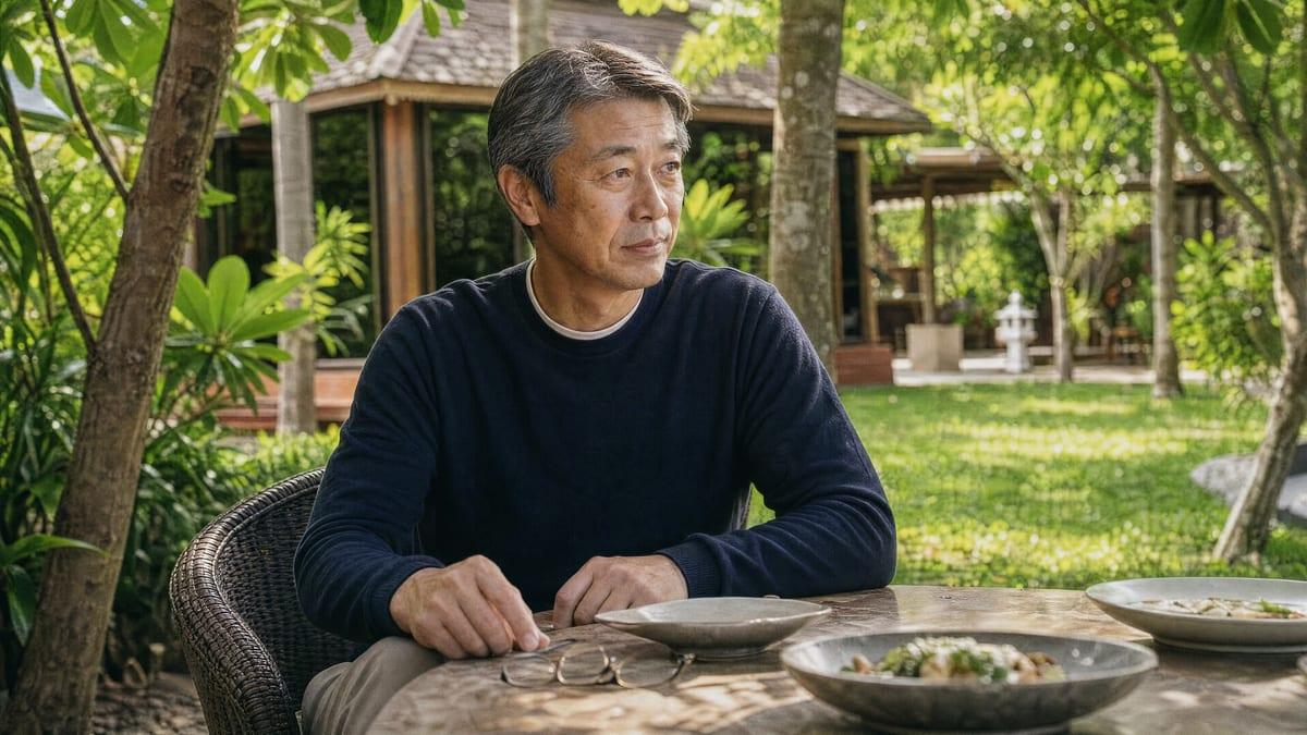 A client sits at an outdoor table in the tropical gardens at Jintara Rehab in Chiang Mai during the second month of a stay