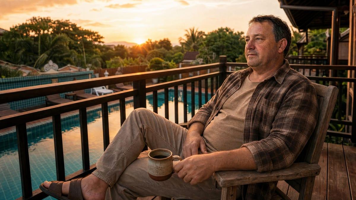 A client rests on a timber balcony above the pool at Jintara Rehab in Chiang Mai in late afternoon light near the end of a stay