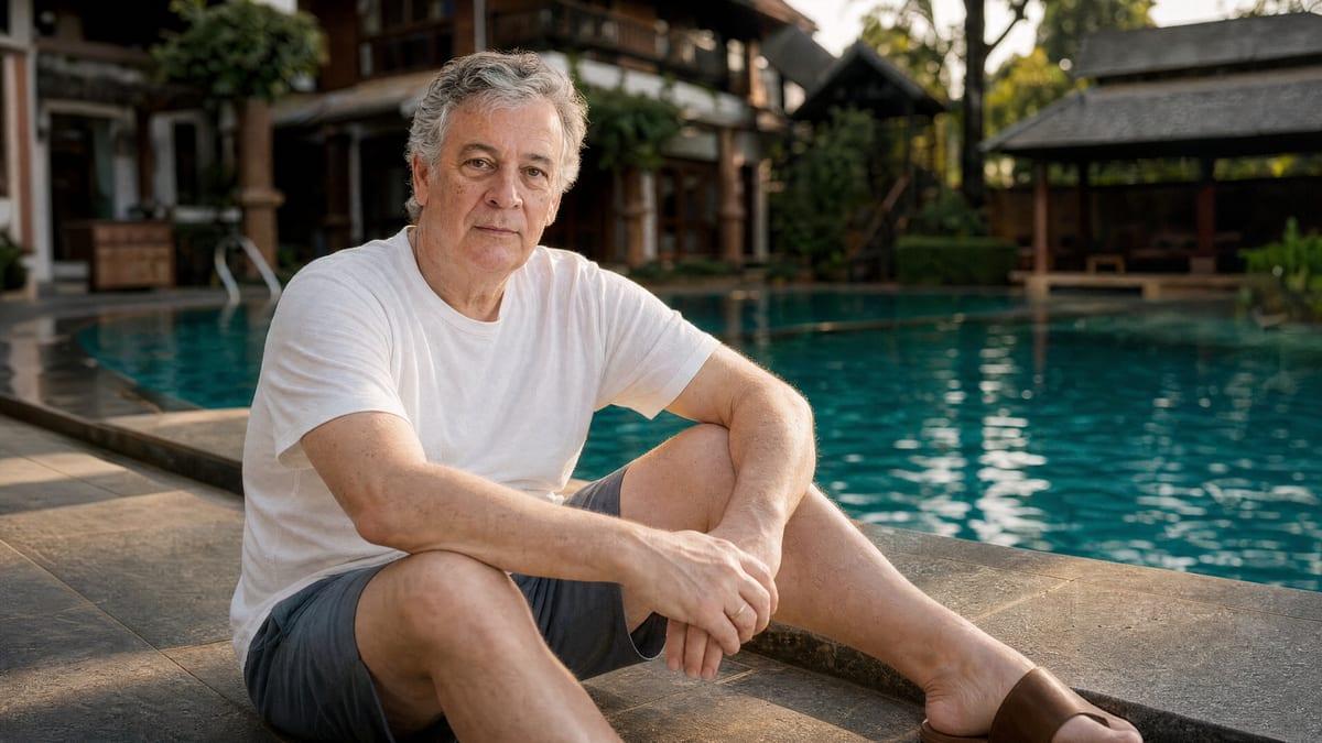 Older man sitting at the pool edge in the grounds of a rehab in Chiang Mai