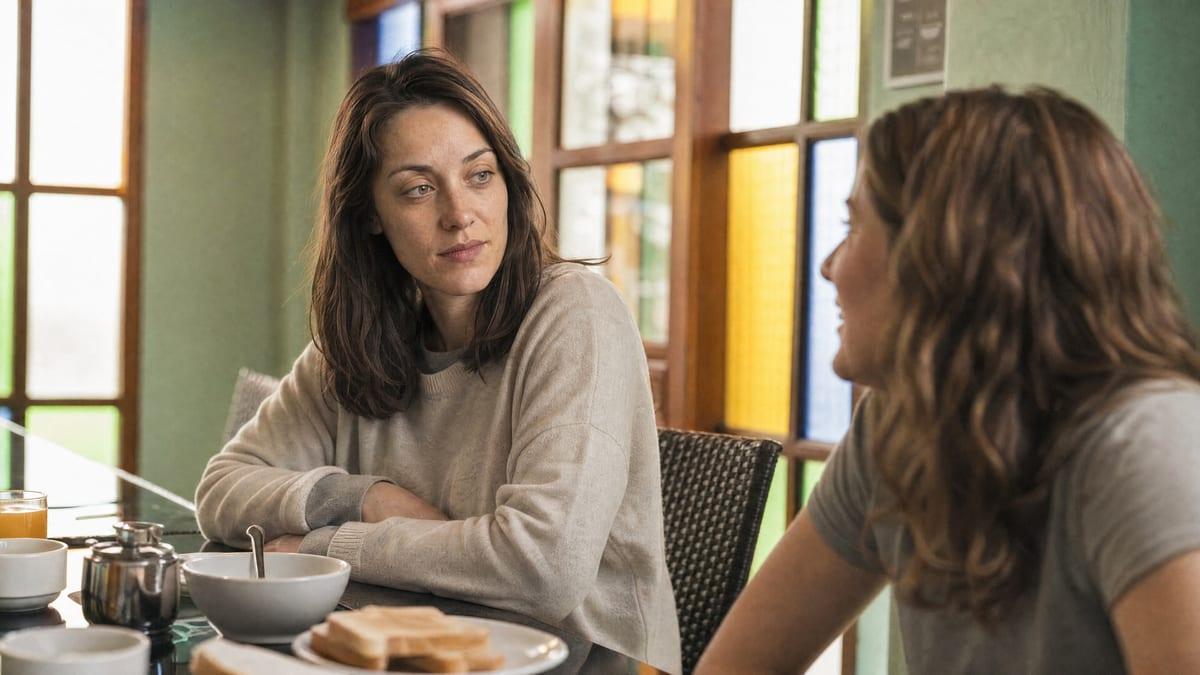 Two women talking over breakfast at a shared table in a small rehab in Chiang Mai