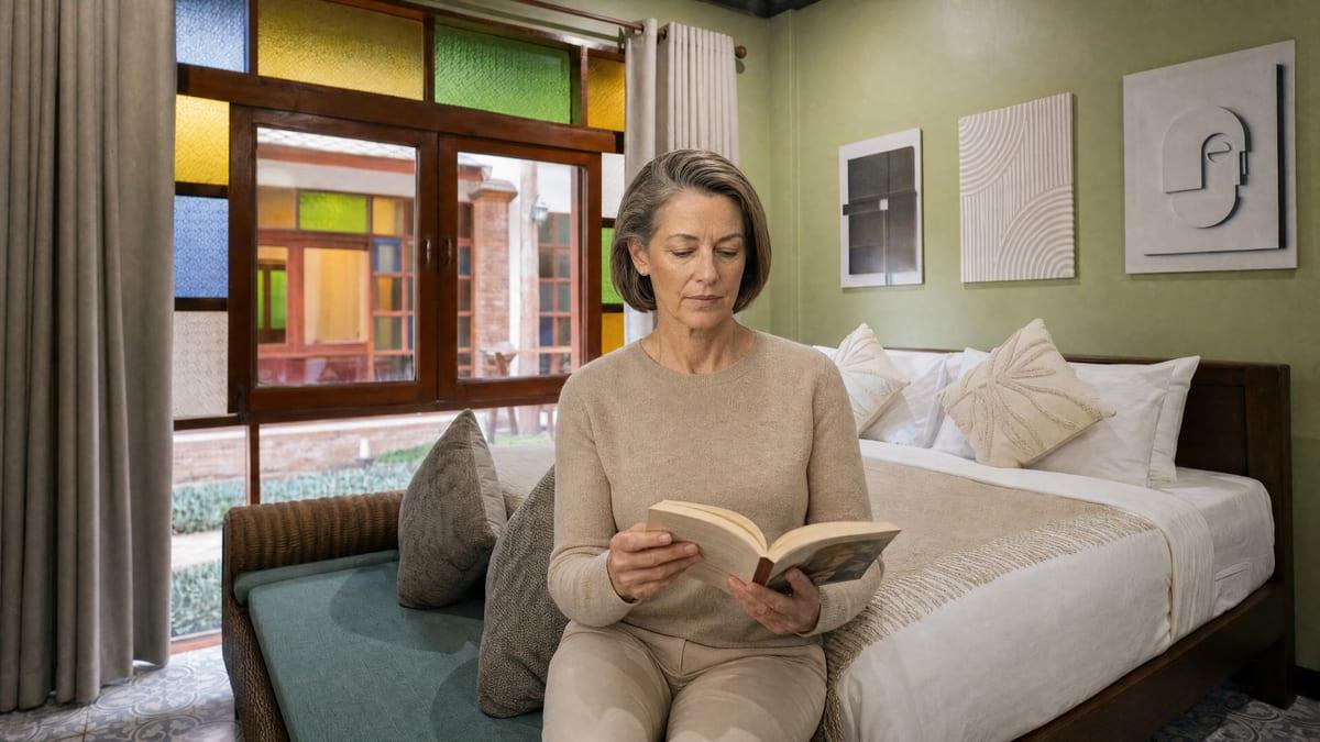 A woman reads quietly in a private green-walled bedroom at a Chiang Mai rehab