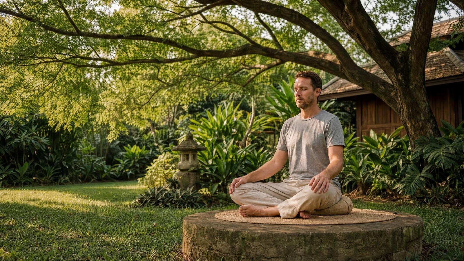 Morning meditation in the tropical garden at Jintara Chiang Mai as part of daily recovery structure