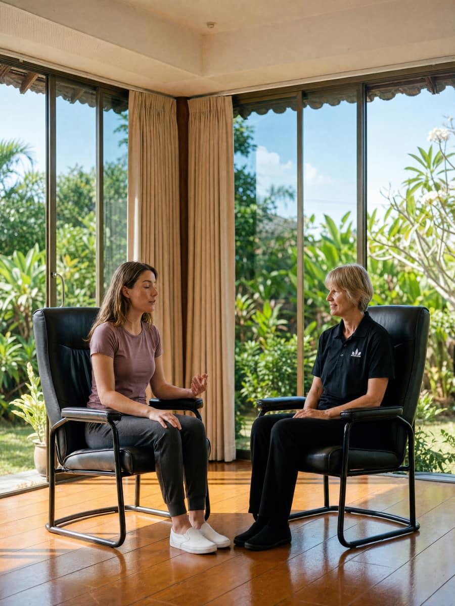 Two women in a one-to-one therapy session during a sleeping pill taper in Chiang Mai