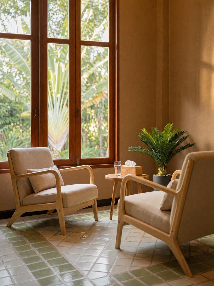 Calm consultation room with two armchairs and a garden window at a Chiang Mai rehab