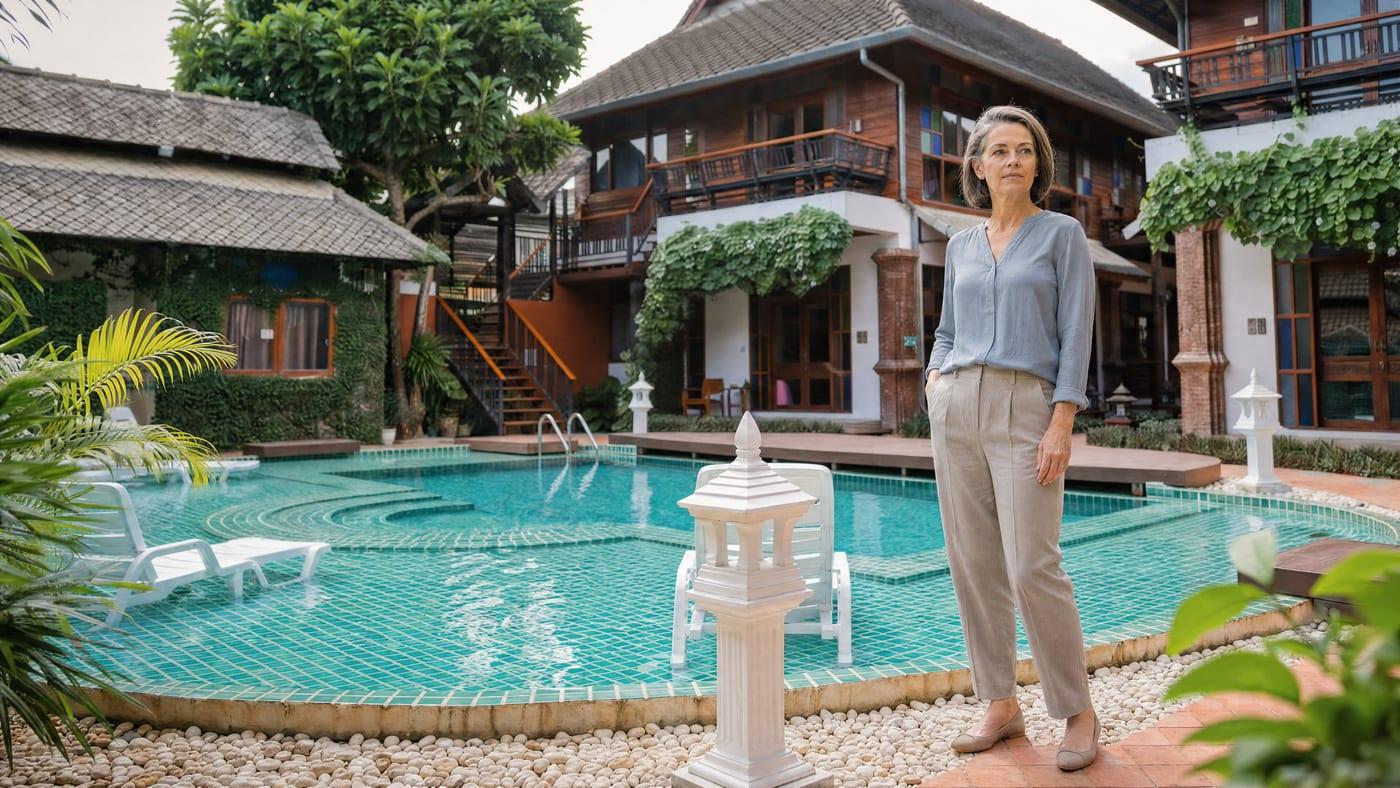 Woman standing calmly beside the pool in the grounds at Jintara Rehab Chiang Mai Thailand