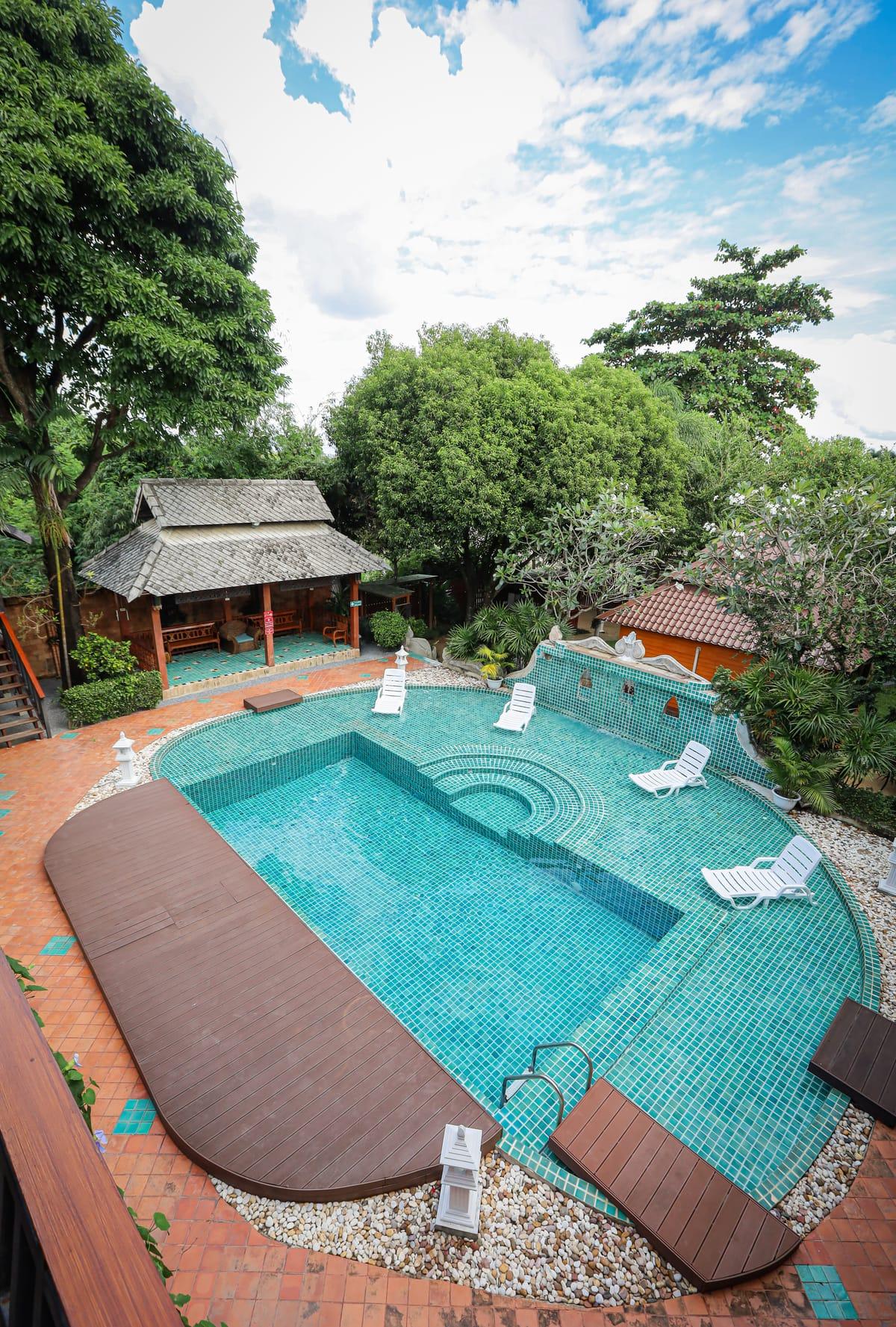 The pool and garden pavilion seen from above at Jintara Rehab in Chiang Mai