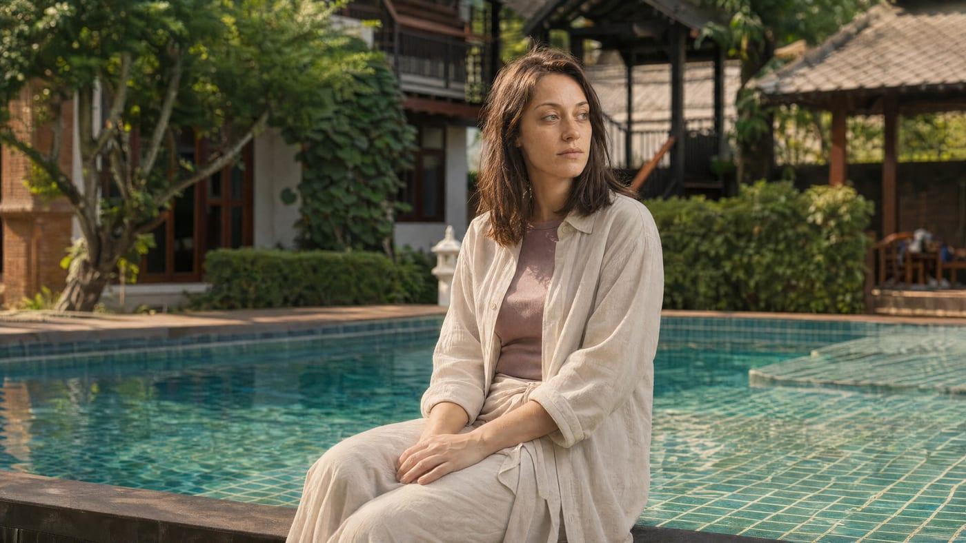 A woman sits at the pool edge in the grounds at Jintara Rehab in Chiang Mai, Thailand, during residential treatment for complex PTSD