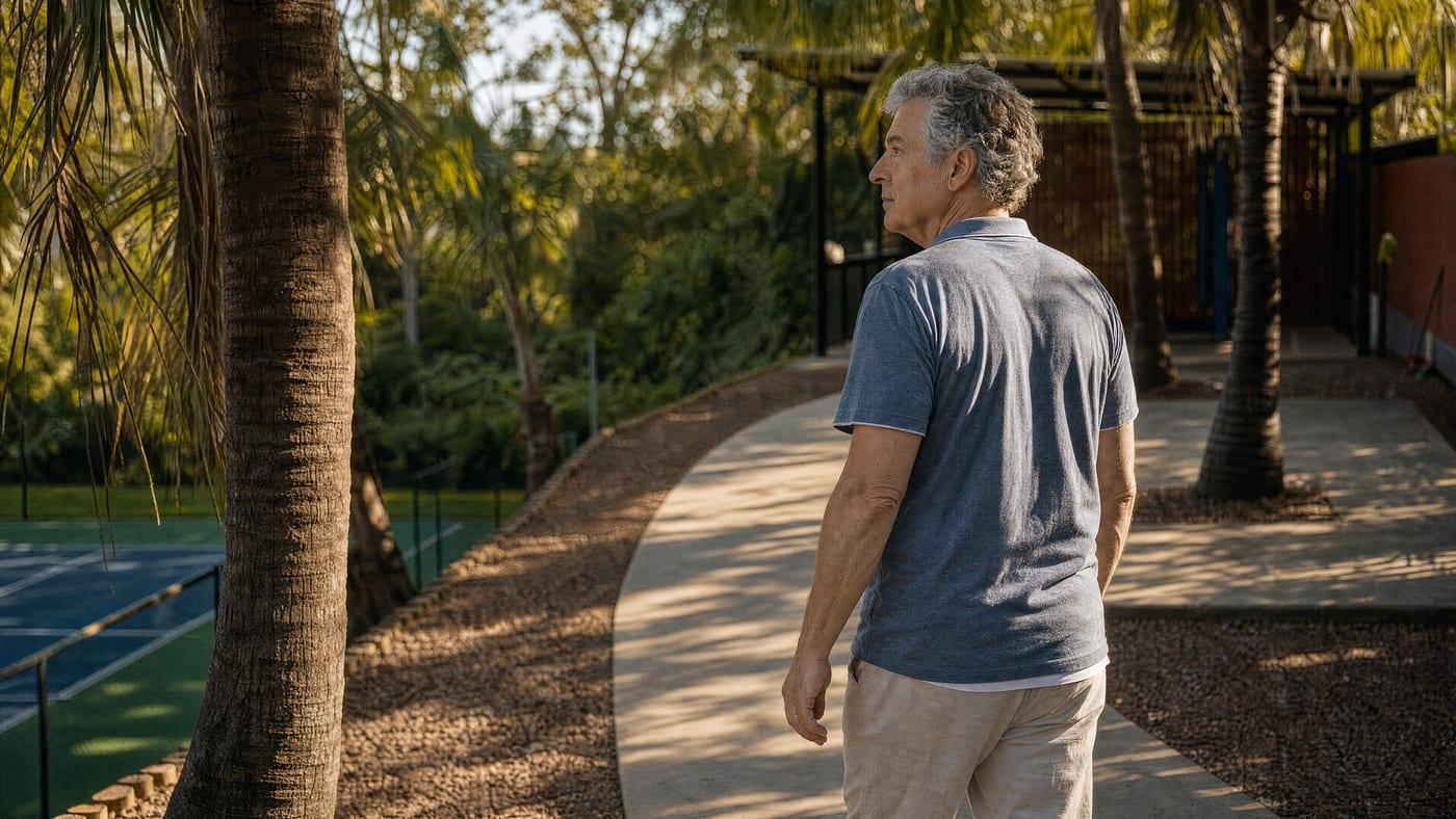A resident walks a garden path in the grounds at Jintara Rehab in Chiang Mai during a residential stay for complex PTSD and addiction