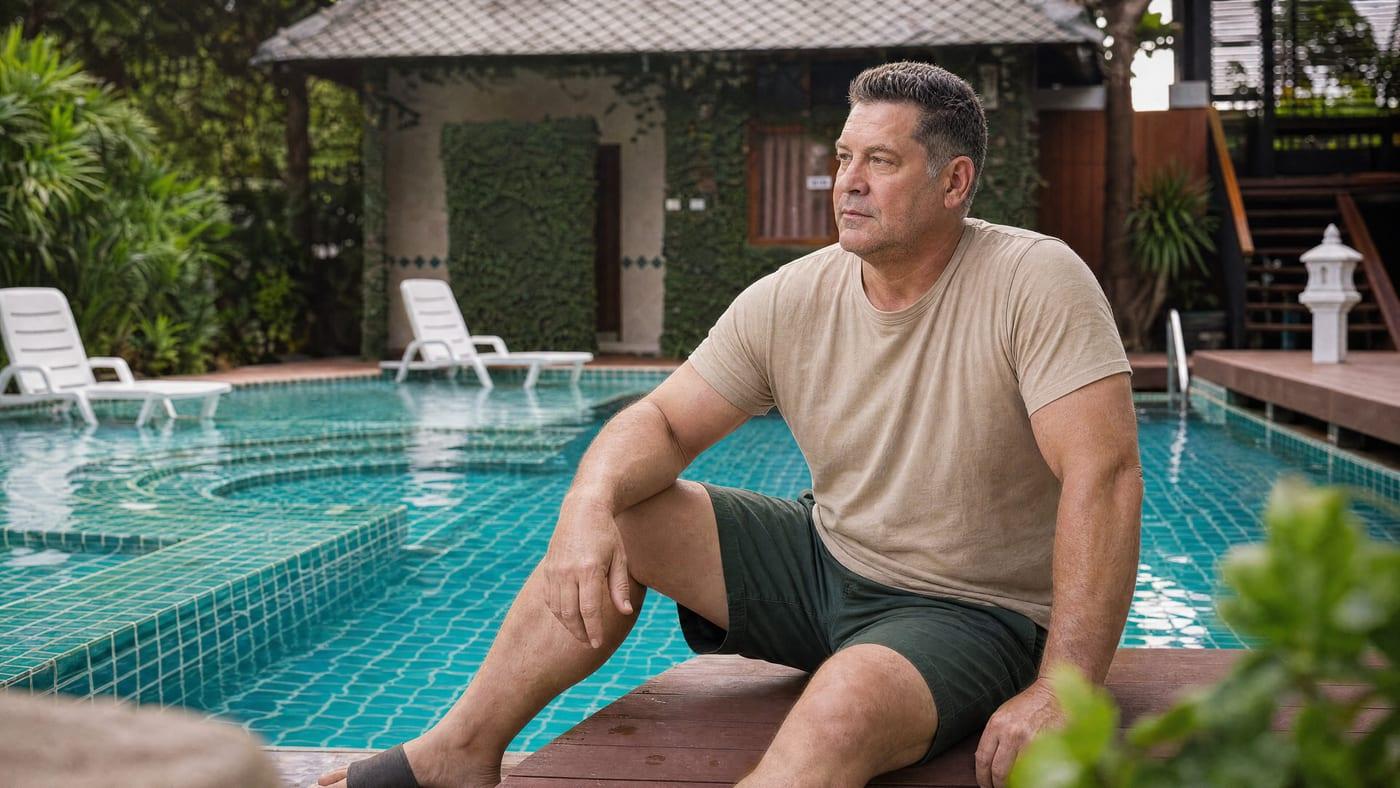 A man sits at the pool edge in the grounds at Jintara Rehab in Chiang Mai, Thailand, during residential PTSD treatment