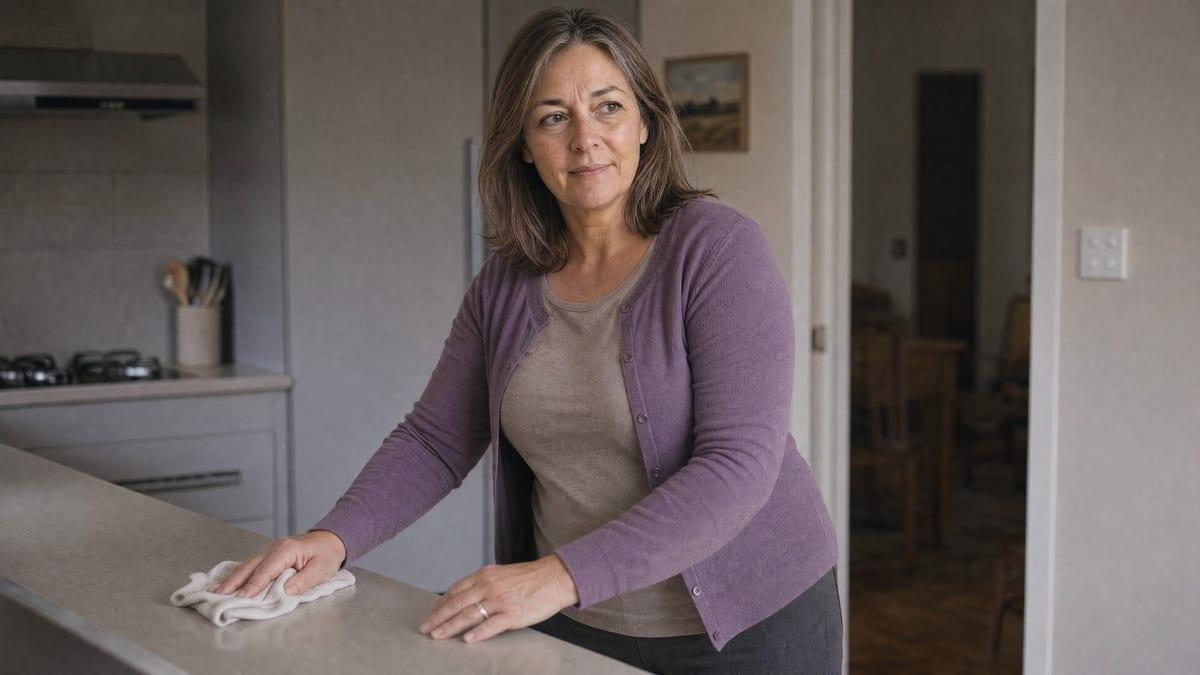 A woman stands composed at her own kitchen counter at home, holding a daily routine together before her trauma has been named or treated