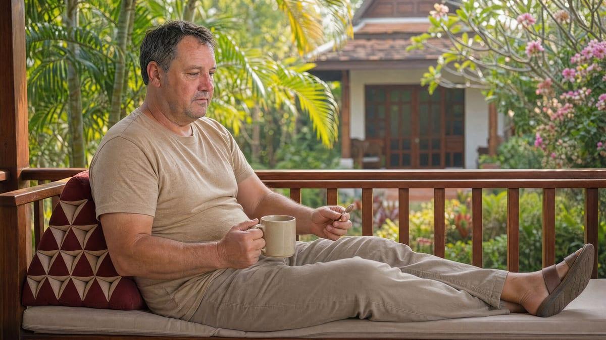 A resident rests on the veranda daybed with a coffee at Jintara Rehab in Chiang Mai, Thailand, during the first month of a stay before trauma processing begins