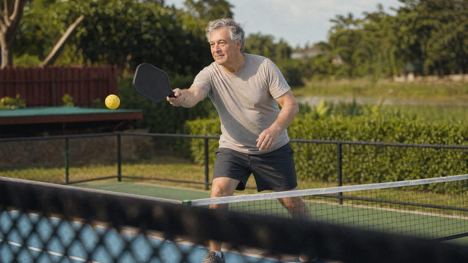 Client playing pickleball on the riverside court at Jintara Rehab as part of the structured afternoon program
