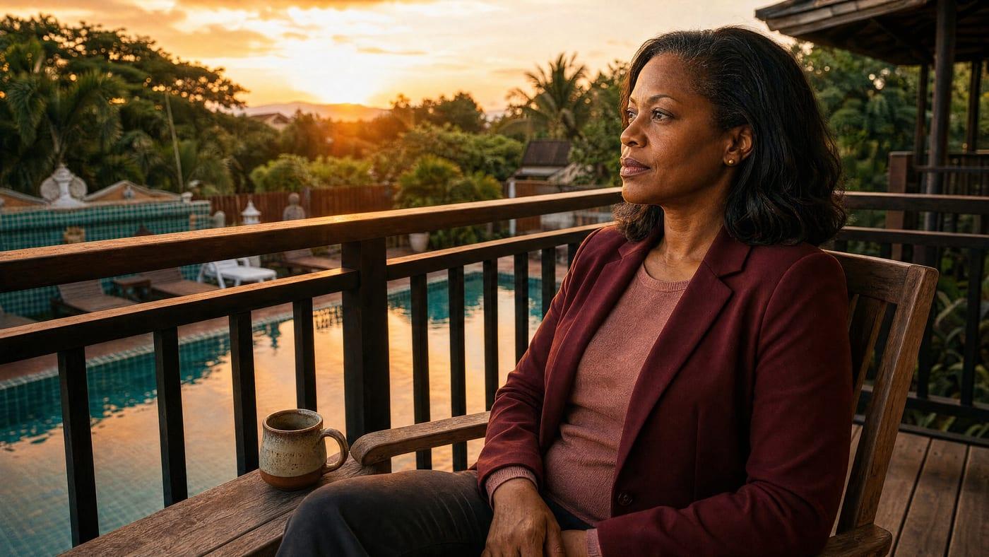 Woman seated on a balcony at sunset overlooking the pool at Jintara Rehab Chiang Mai