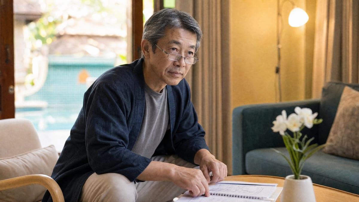 Man reviewing treatment paperwork in a lounge at Jintara Rehab in Chiang Mai