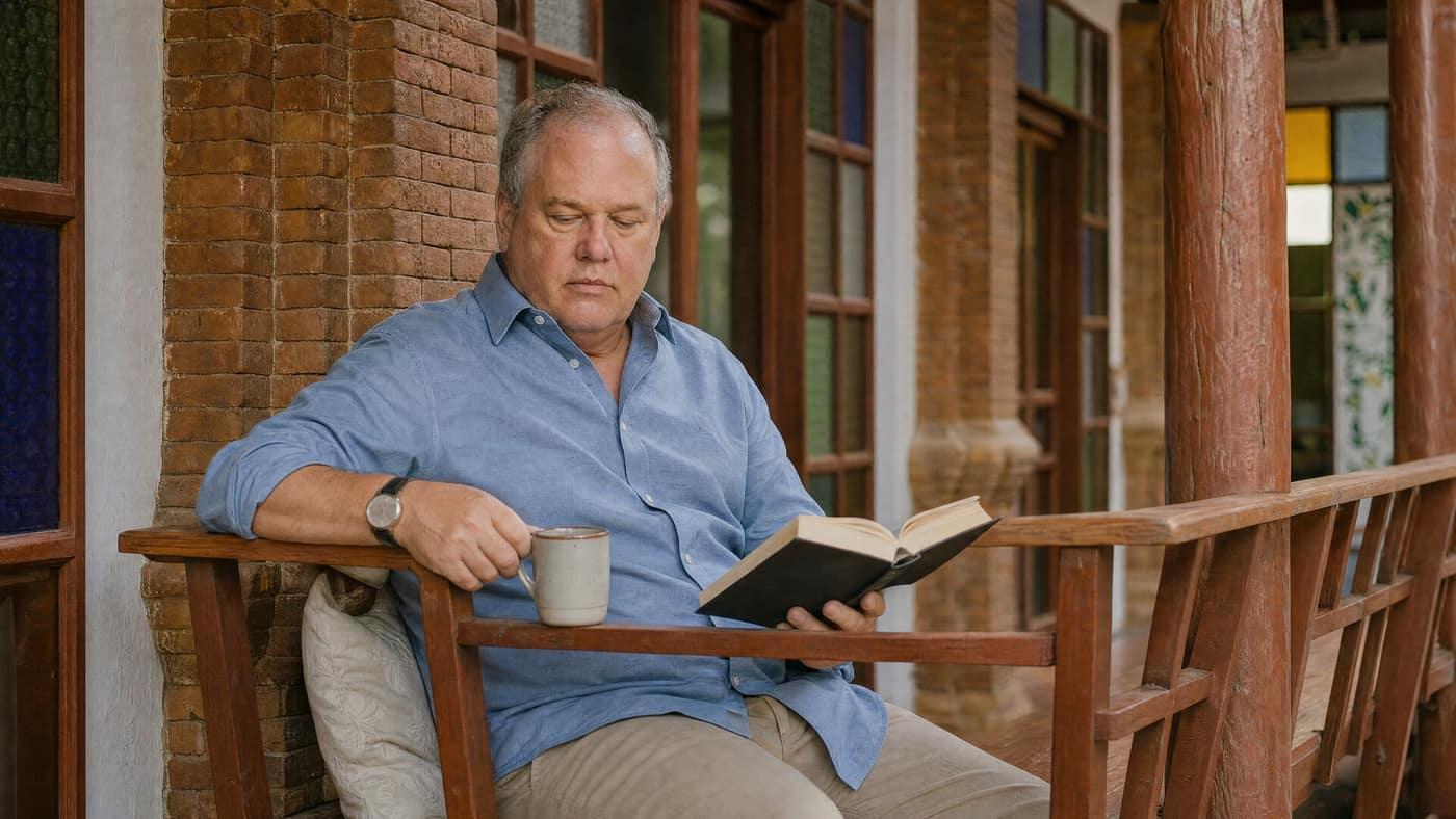 A man reading a book with coffee on the stained-glass veranda at Jintara Rehab in Chiang Mai