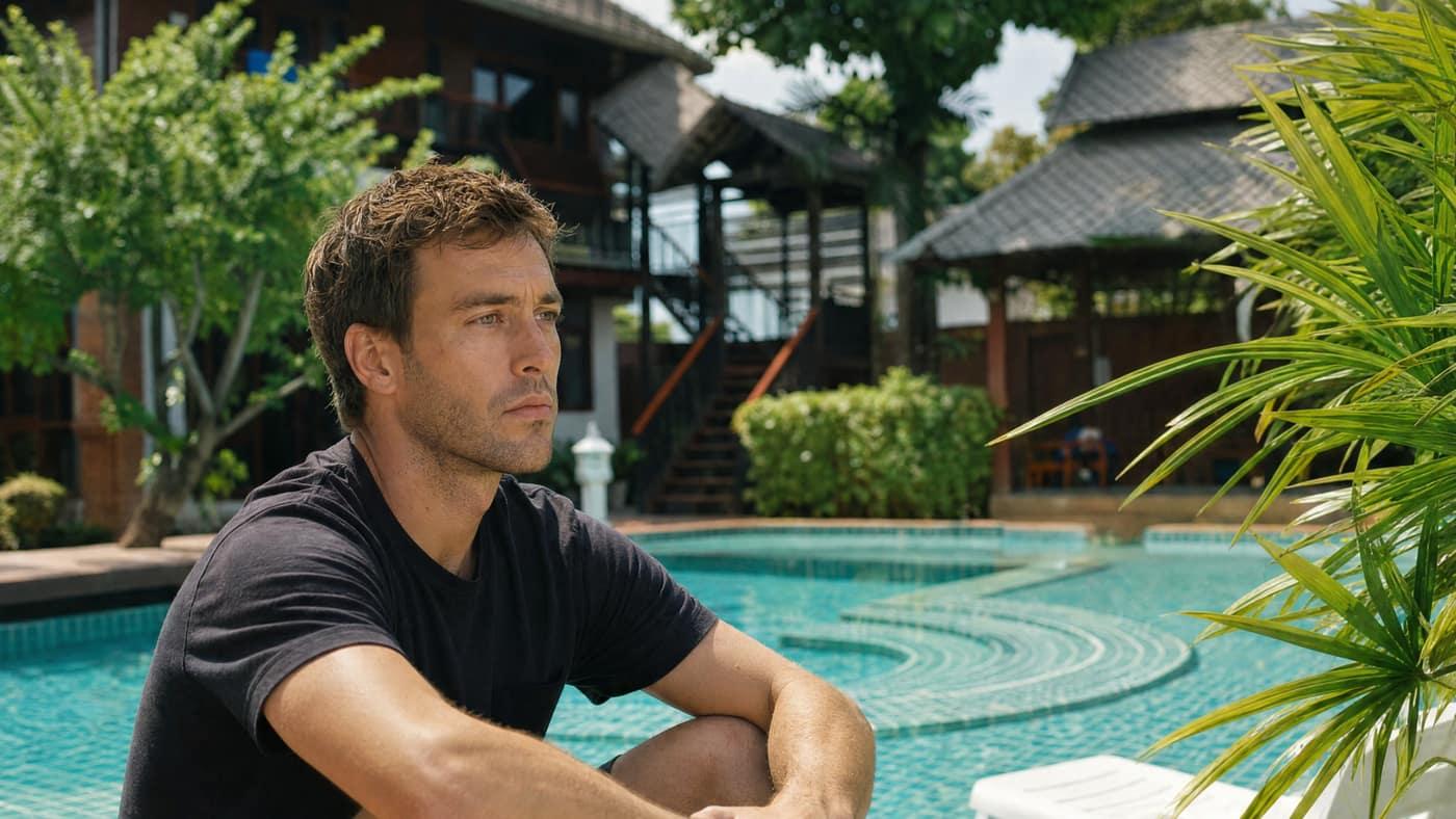 A man sitting by the pool looking into the distance at Jintara Rehab in Chiang Mai Thailand