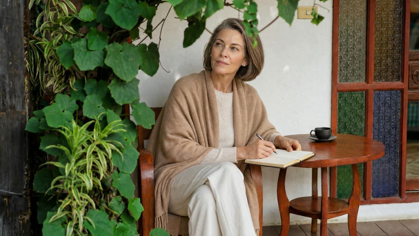 A woman journaling at a table on a vine-covered garden porch at Jintara Rehab in Chiang Mai