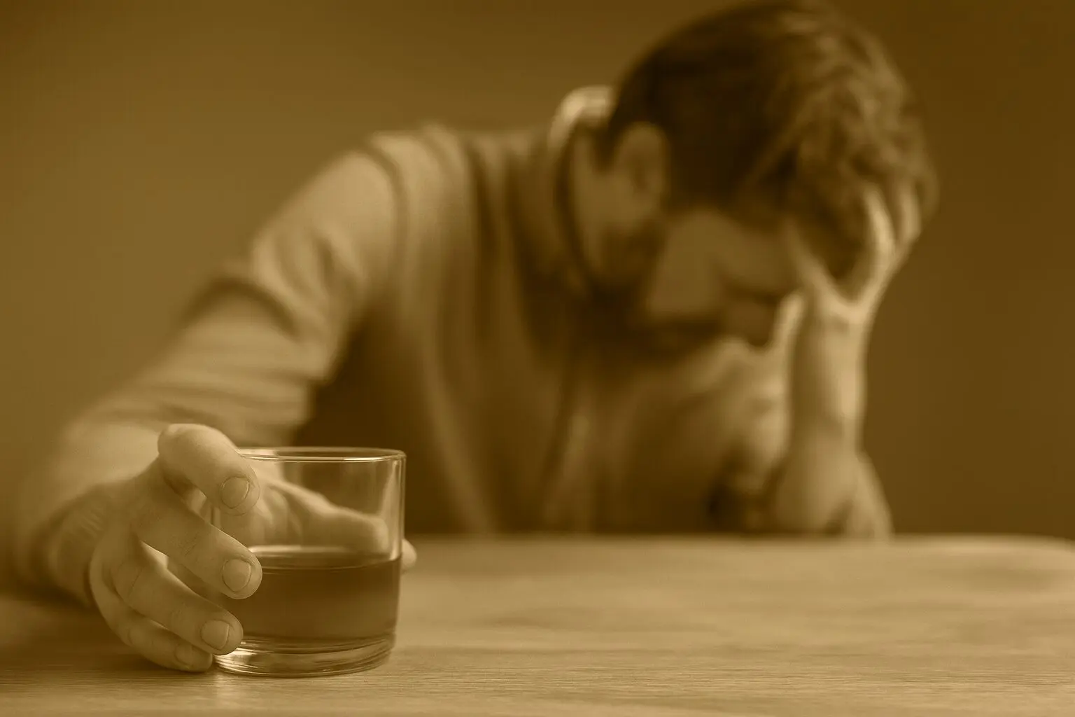 Sepia-toned image of a man holding a glass of alcohol, showing the struggle of alcohol addiction and the need for professional rehab support.