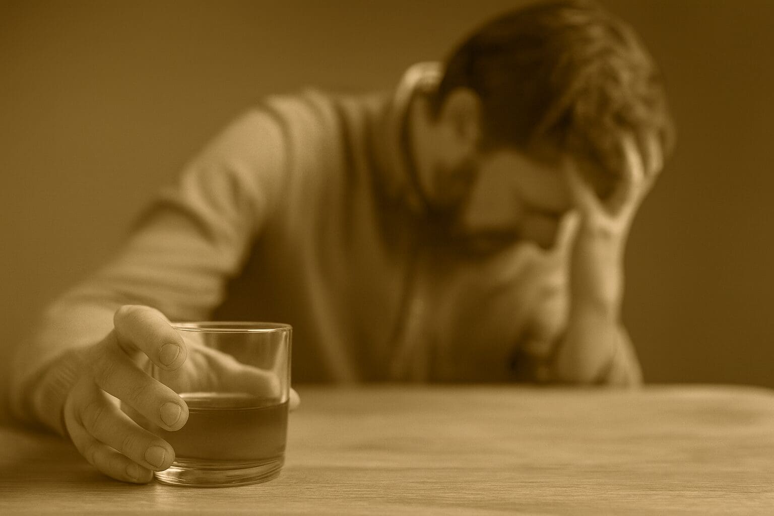 Sepia-toned image of a man holding a glass of alcohol, showing the struggle of alcohol addiction and the need for professional rehab support.